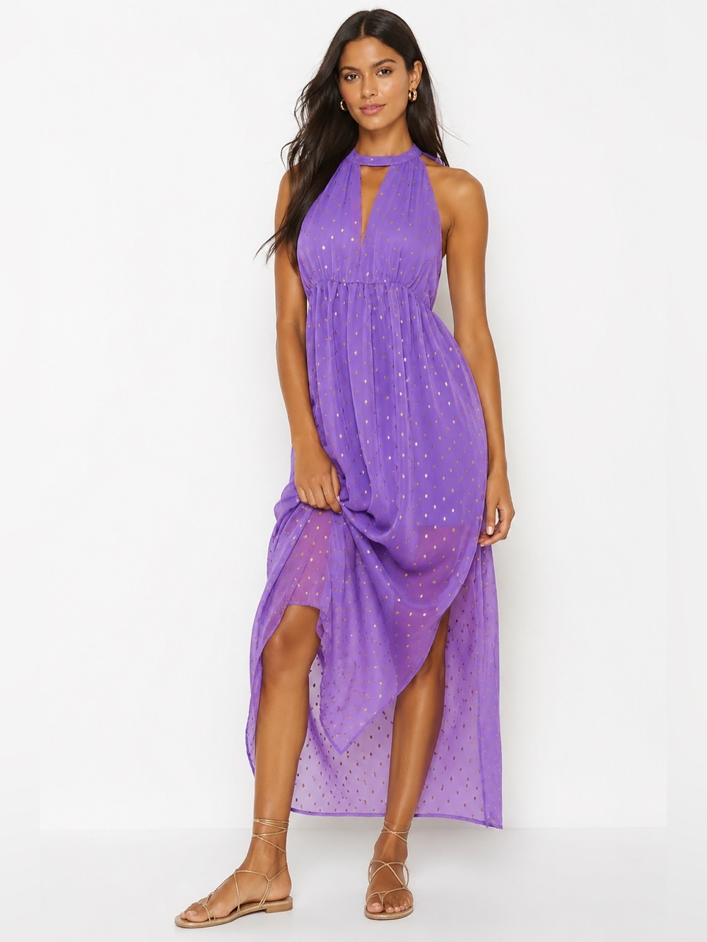 Anthropologie Purple High-Low Halter Dress with Gold Dot Detail